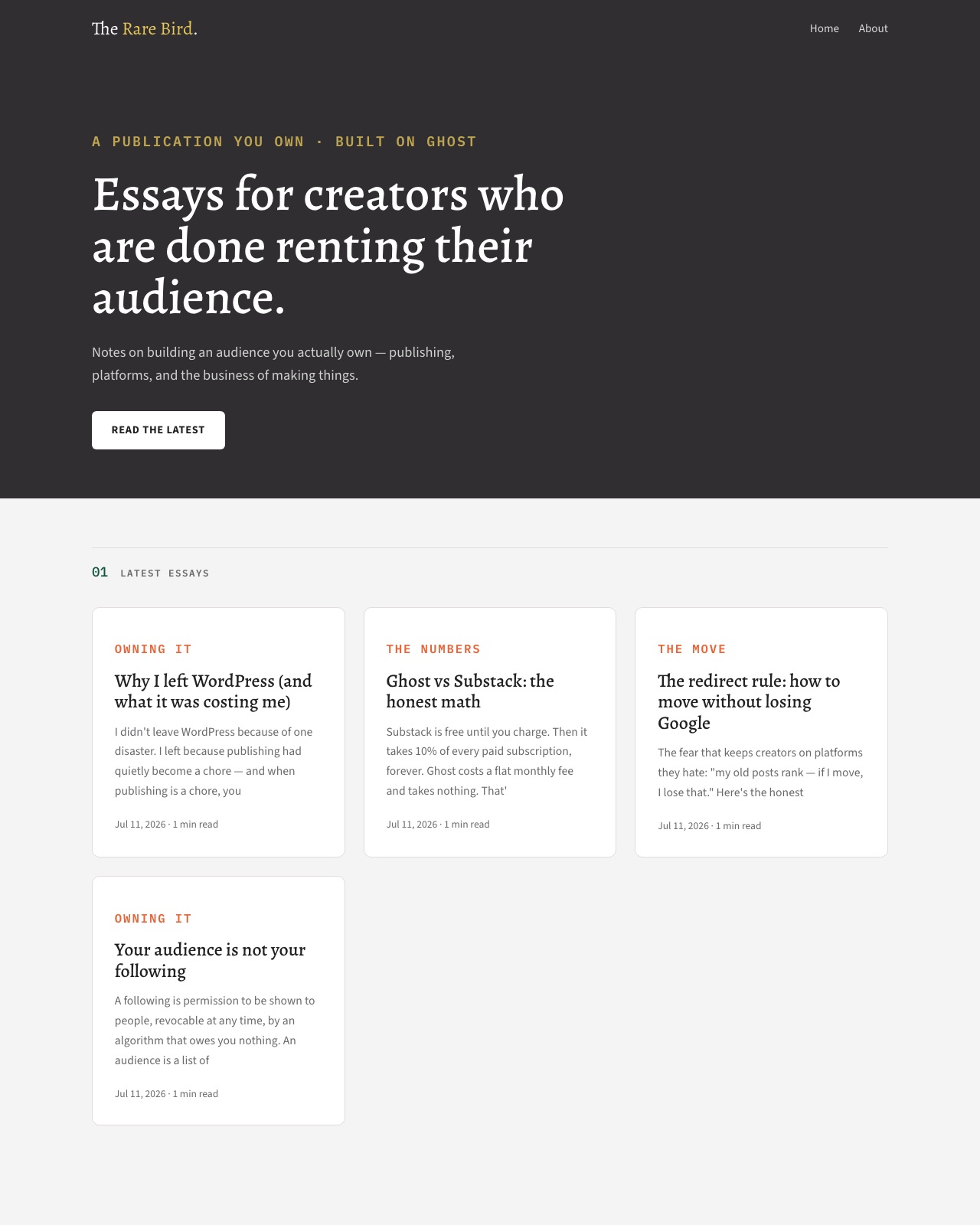 The Rare Bird demo homepage with a custom Ghost theme